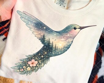 Hummingbird PNG, Celestial Forest Bird Artwork, Boho Nature Animal Design, Sublimation Graphic Download