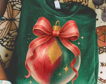 Ornement de Noël coup de pinceau PNG, Noël preppy PNG, Design rétro Noël, chemise de Noël tendance Png, noeud de Noël Png, Coquette