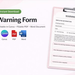 Könnte beinhalten: Ein rosa Klemmbrett mit einem "Warnformular" mit Abschnitten für Mitarbeiterinformationen und Warnungen. Ein schwarzer Stift liegt daneben. Bearbeitbar in Canva, PDF und Word.