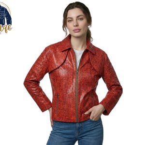 Red Snakeskin Leather Jacket | Python Print Biker Coat | Ribbed Sleeve Moto Stand Collar