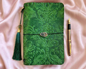 Funda para cuaderno de cuero verde con relieve floral, estuche recargable personalizado para cuaderno de viaje A5/A6
