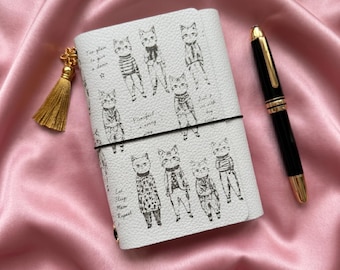 Funda para cuaderno A6 de piel auténtica con estampado de gato, recargable, ideal como regalo para amantes de los gatos.