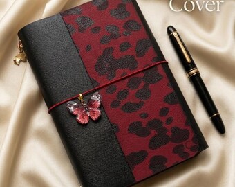Funda personalizada de cuero con estampado de leopardo rojo para cuaderno, tamaño A5, recargable, cuero Saffiano italiano hecho a mano.