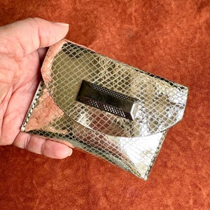 Peut inclure: Une pochette argentée avec un motif peau de serpent et un fermoir rectangulaire en métal. La pochette est tenue dans une main sur un fond de couleur rouille. Fermeture à rabat.