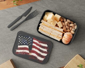 Distressed American Flag Bento Box | PLA Lunch Box with Band & Utensils