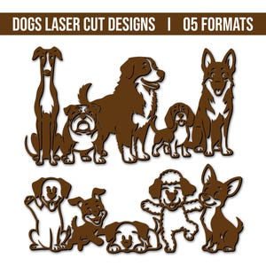 Peut inclure: Divers modèles de chiens découpés au laser en marron, avec des races comme le Greyhound, le Bouledogue et le Beagle. L'image contient le texte "DOGS LASER CUT DESIGNS | 05 FORMATS". Les chiens sont représentés dans différentes poses.
