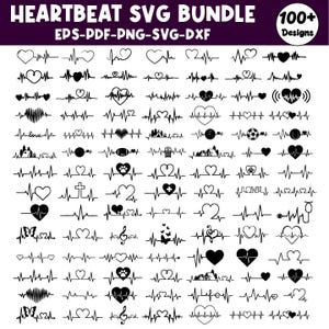 以下が含まれることがあります： 100以上の心拍グラフィックデザインを含む、白黒のSVGバンドル。デザインには、ハート、音符、その他の記号が含まれています。上部のテキストは「HEARTBEAT SVG BUNDLE」と「EPS-PDF-PNG-SVG-DXF」と表示されています。