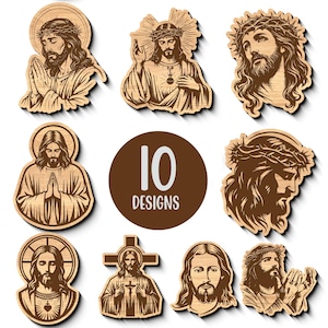 May include: A collection of ten wooden cutouts featuring various depictions of Jesus Christ. The designs include images of Jesus with a crown of thorns, praying, and with a halo. The text "10 DESIGNS" is in a brown circle.