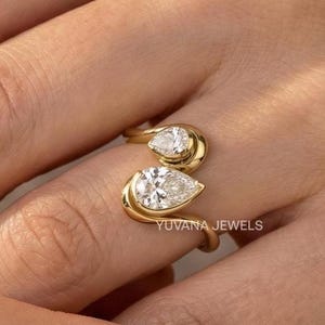 Two Stone Bypass Curved Pear Engagement Ring, Toi et Moi Bezel Set Ring, Sculptural Two Stone Ring In 18K Gold Vermeil, 1st Anniversary Gift