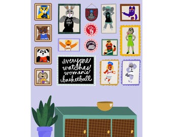 WNBA Todos Miran Baloncesto Femenino / Impresión para Pared con Mascota / Póster Vertical Mate 11x14 / Ilustración Digital