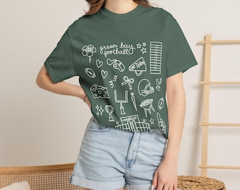 Green Bay Football T-shirt | Wisconsin Football Shirt | Comfort Colors | Doodle T-Shirt | Stadium, Helmet, Football Icons