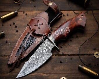 Handmade Damascus Bowie Knife: Rosewood Handle, Leather Sheath