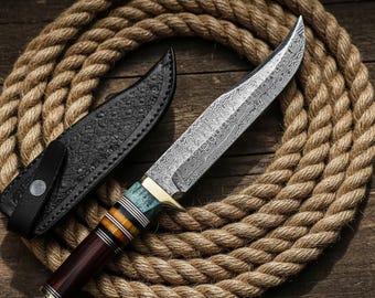Personalized Damascus Hunting Knife: Rosewood Handle, Leather Sheath