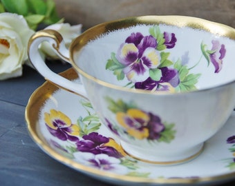 Teacup and Saucer, Vintage ROYAL CHELSEA, Purple and Yellow Pansies, Gilt, Gift for Tea Lovers, Gift for Her, c.1950's Made in England.