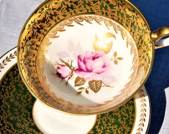 Teacup and Saucer, AYNSLEY, Vintage Bone China, Large Size, Gold, Evergreen, Pink Rose, Mother's Gift, Coffee/Tea Lover Gift, England