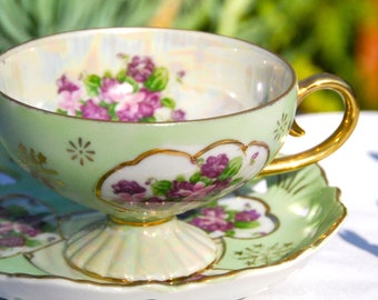 Teacup and Saucer, Vintage Lefton Lustre, Green with Purple Pansies, made in Japan, Gift for Her, Hostess Gift, Tea Lovers