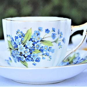 Vintage Royal London Bone China Teacup and Saucer: Blue Floral, Made in England