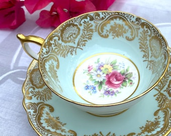 Teacup and Saucer, Paragon Vintage, Double-Warranted, Blue, Gilt, Rose, Footed, Made in England, Tea-Lover's Gift