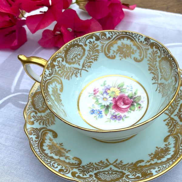 Teacup and Saucer, Paragon Vintage, Double-Warranted, Blue, Gilt, Rose, Footed, Made in England, Tea-Lover's Gift