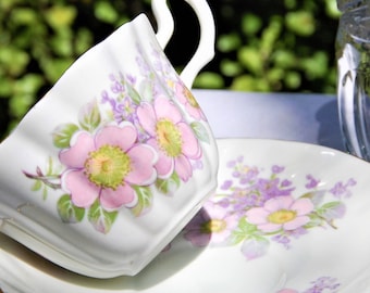 Teacup and Saucer, Precious Royal Tara China, Pink/Lavender Dogwood, Gallway Ireland, Bridal tea, Tea party, Women's Gift.