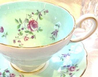 Teacup and Saucer, Vintage Crown Staffordshire, Mint Green with Pink Roses, Tea party, Gift for Her, Luncheon, Made in England, Gift