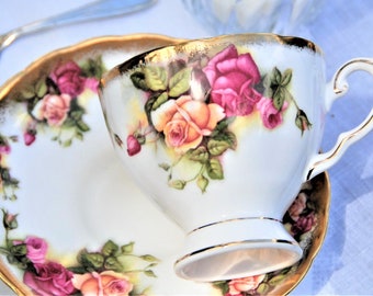 Stunning Vintage Teacup and Saucer, ROYAL TUSCAN Victoria Rose, Pink and Gold Roses, England, Tea Party Luncheon, Gift