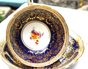 Teacup and Saucer, Double Warranted Paragon Fine Bone China, Vintage Cobalt Blue and Gilt with Floral Spray, Made in England, Mother's Day