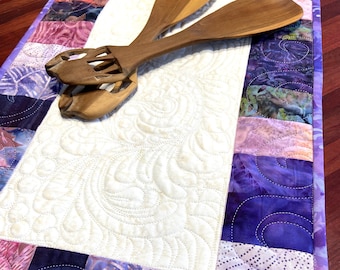 Batik Table Runner, Handmade, Quilted, Purples/ Lavenders/ Cream Patchwork, Free-Motion Quilting, Table Decor, Casual Dining, Handmade in CA