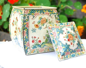 Tea/Biscuit Tin, Vintage Asian Motif, Cream, Floral, Bird, made in Holland, Gift for Tea Lover, Gift for Vintage Lover, Home Decor Gift