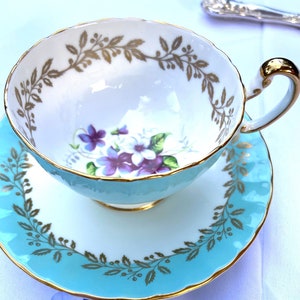 Aynsley Oban Teacup and Saucer: Aqua Turquoise Fine Bone China with Pansies, England