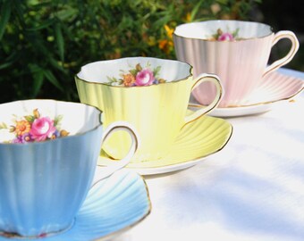 Set of Three Teacup and Saucers, Vintage EB FOLEY, Pastel Blue, Pink and Yellow Scalloped, Easter Tea, Mother's Day Gift, Made in England