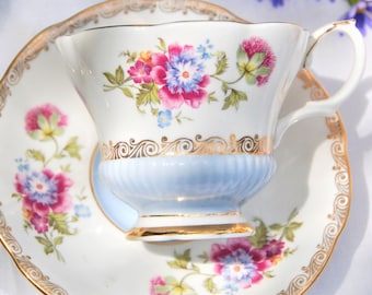 Beautiful vintage ROYAL ALBERT Teacup and Saucer, Reverie Series, Blue Floral, England, Tea Party, Tea Luncheon, Bridal Gift, Women's Gift
