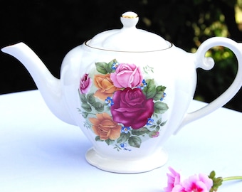 Teapot, Vintage ARTHUR WOOD, Red Pink and Yellow Roses, Large Four Cup, made in England, Gift for Her, Mother's Day, Rose and Tea Lover