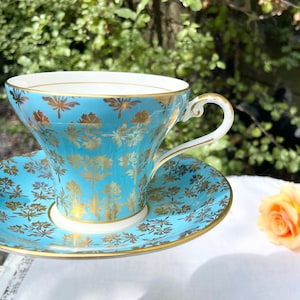 Vintage Aynsley Teacup and Saucer: Turquoise Corset Style with Gilt, Made in England