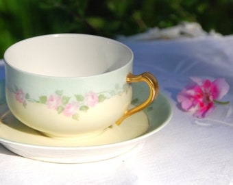Antique Teacup and Saucer, Haviland Porcelain, Mint Green and Pink Roses, Made in France, Gift for Mom, Gift for Her, Gift for Francophile.