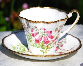Teacup and Saucer, Vintage Salisbury Bone China, Foxglove in Pink and Green with Gilt, Made in England, Gift for Mother, Mother's Day