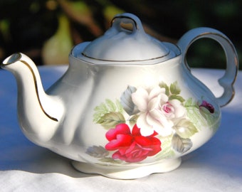 Vintage Ironstone Teapot, Individual-Sized, Wood & Sons/ Ellgreave, Red and White Roses, Tea Lover Gift, Made in England, Birthday Gift