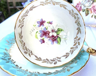 Teacup and Saucer, AYNSLEY, Fine Bone China, Aqua/Turquoise and Gilt with Pansies, Oban shape, Tea Lover's Gift, Gift for Her. England.