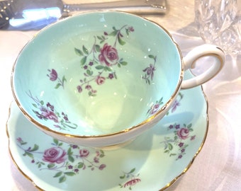 Teacup and Saucer, Vintage Crown Staffordshire, Mint Green with Pink Roses, Tea party, Gift for Her, Luncheon, Made in England, Gift