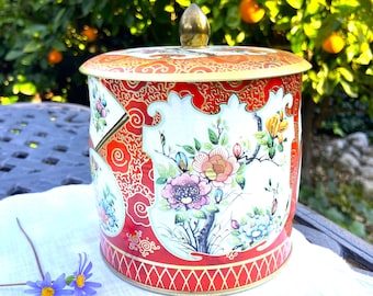 DAHER Tin, Vintage Tea and Biscuit, Canister, Round, Orange and Floral Asian Motif, Lid and knob, Made in England, Gift for Her