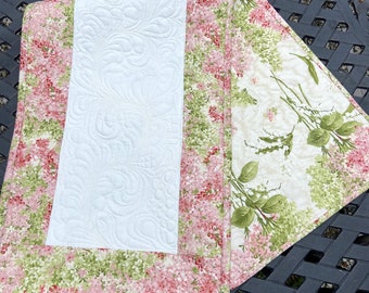 Table Runner, Handmade, Quilted, Reversable, Muted Green / Pink /Cream. Free motion Quilting. Hostess Gift, Bridal Luncheon, Gift for Her