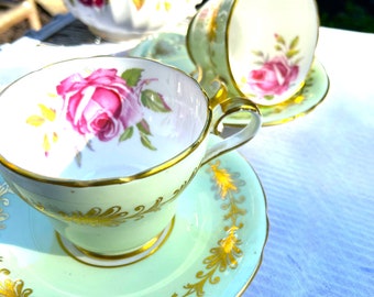 Demitasse Pair, Teacups and saucers, Espresso Pair, Vintage Aynsley Bone China, Yellow-Green and Pink Rose, made in England, Gift for Her