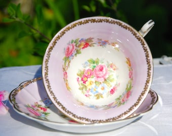 Teacup and Saucer, Vintage EB Foley, Gorgeous Pink Rose Florals and Gilt, Gift for Her, Mother's Day Gift, Made in England.