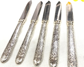 Antique A.F. Towle & Son Co. Fruit Knives, Set of 5, Embossed Handle, Silverplate, USA, Hostess Gift, Gift for Her c. 1900