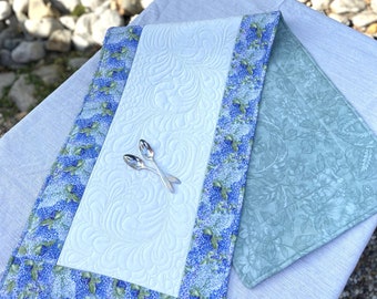 Table Runner, Handmade, Quilted, Free Motion, Blues/Greens, Housewarming Gift, Gift for Her, Bridal Shower, Luncheon, Made in California