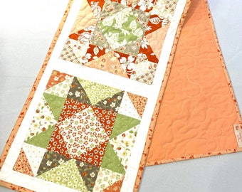 Table Runner, Handmade, New, Quilted, Peach, Green, Taupe and Tangerine, Hostess Gift, Gift for Her, Tea party Lover, Made in California