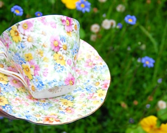 Teacup and Saucer, Chintz Vintage Rosina, Charming Multicolored Flowered Chintz, Made in England, Gift for Her, Chintz and Tea Lover