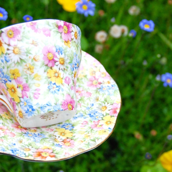 Teacup and Saucer, Chintz Vintage Rosina, Charming Multicolored Flowered Chintz, Made in England, Gift for Her, Chintz and Tea Lover