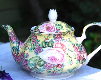 Teapot Edwardian Collection, Yellow Pink Rose Chintz 3.5 Cup, Made in England, Gift for Her, Mother's Day, Tea Lover, Chintz Lover