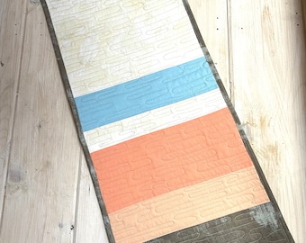 Table Runner, Quilted, Handmade, Modern Stripe and Grunge, Peach, Blue Off White, Grey, Made in California, Housewarming Gift, Gift for Her